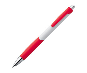 Plastic ball pen with white shaft and rubber grip zone